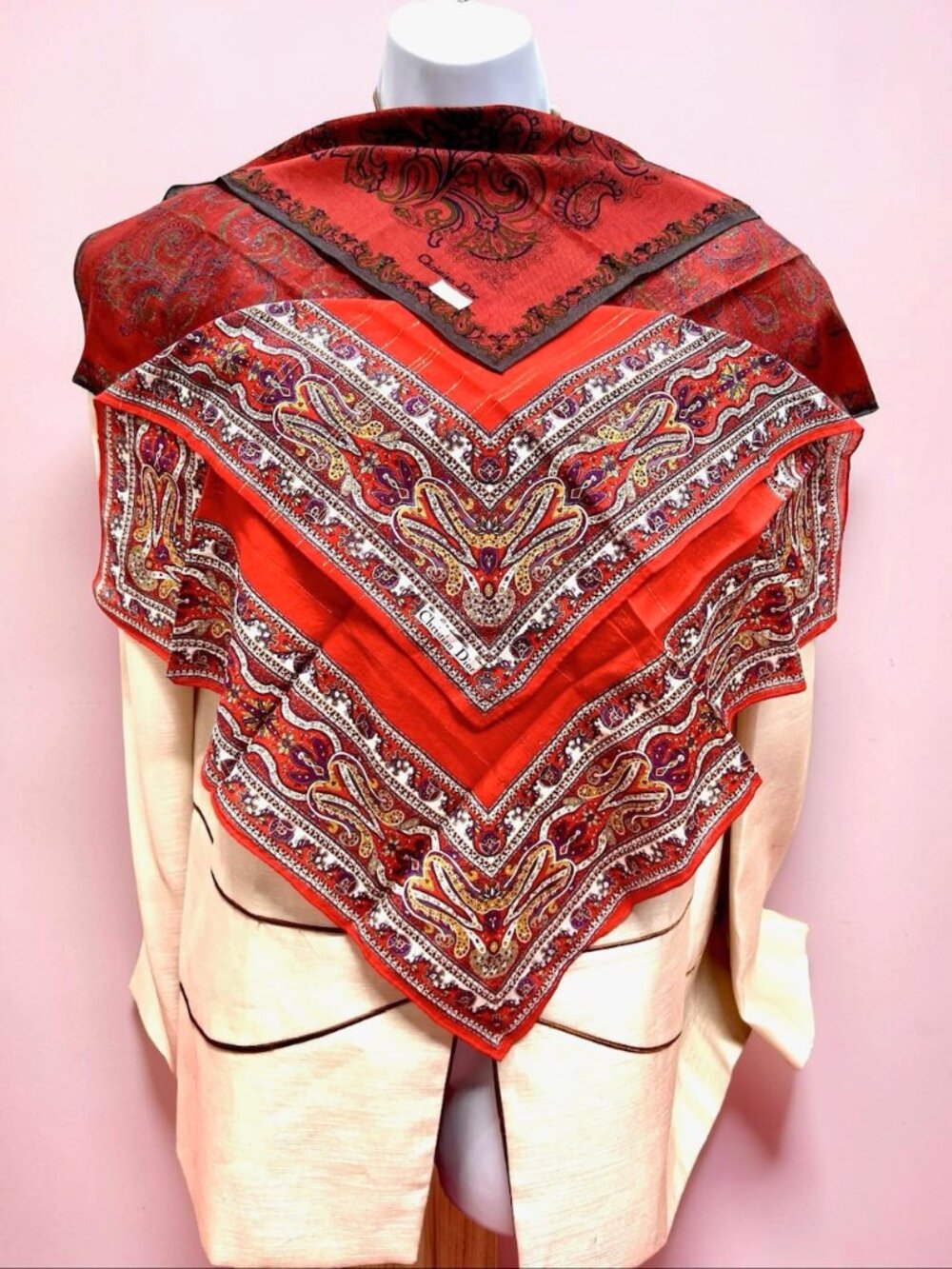 2)  New - Christian Dior  cotton made 19  Mini scarf/Neck-kerchief red floral(44 - Picture 2 of 14